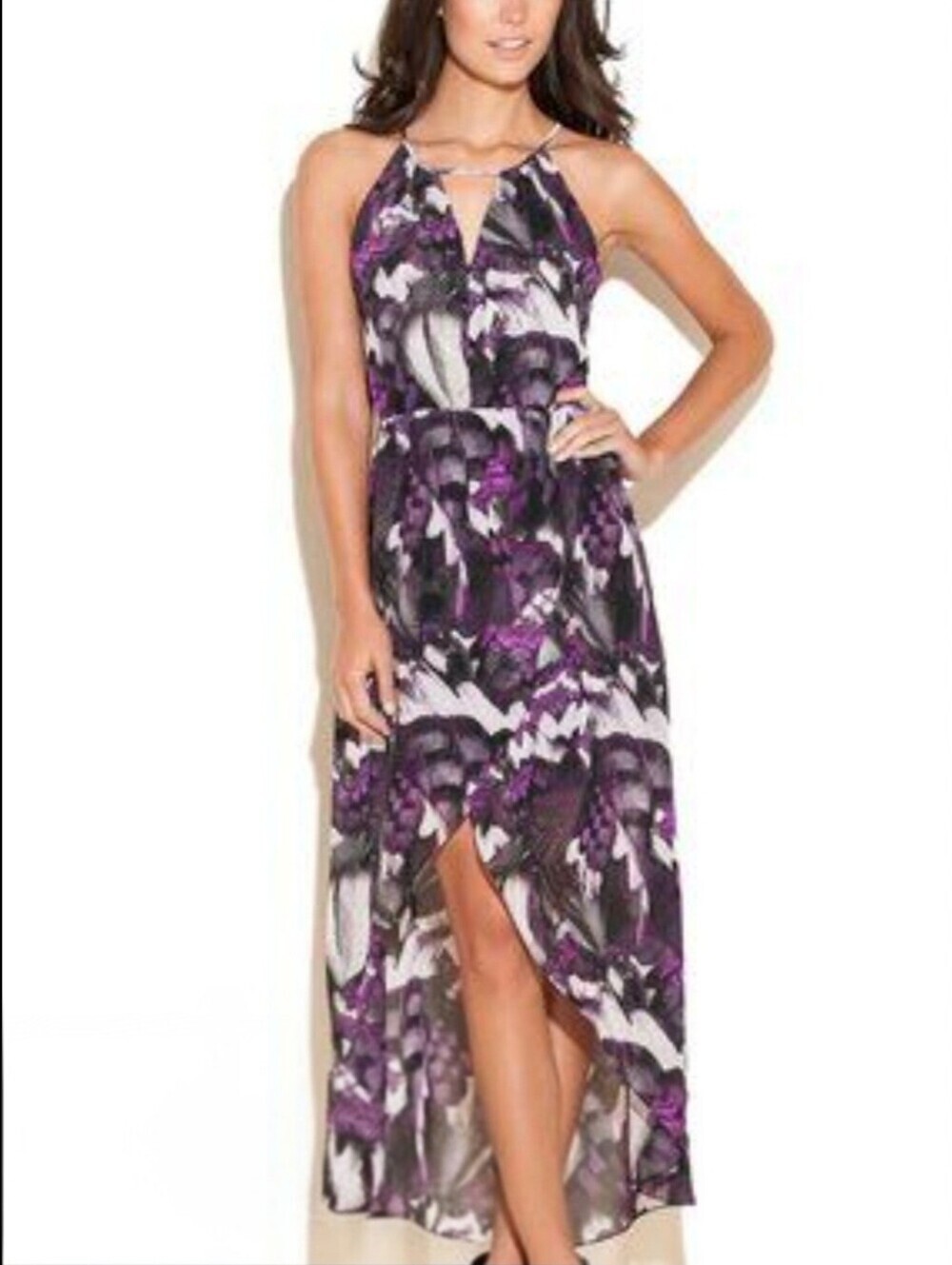 Guess Flowy Women’s Purple Abstract Halter High Low Maxi Dress